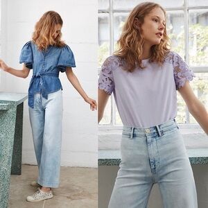 REBECCA TAYLOR LA VIE High Rise Wide Leg Acid Wash Denim Ankle Cropped Jeans‎ 24